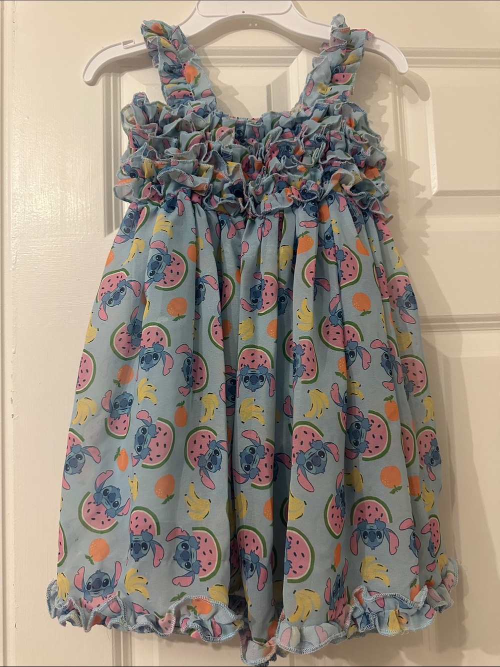 Disney Light Blue Ruffle Sundress with Pink Watermelon & Yellow Fruit Print